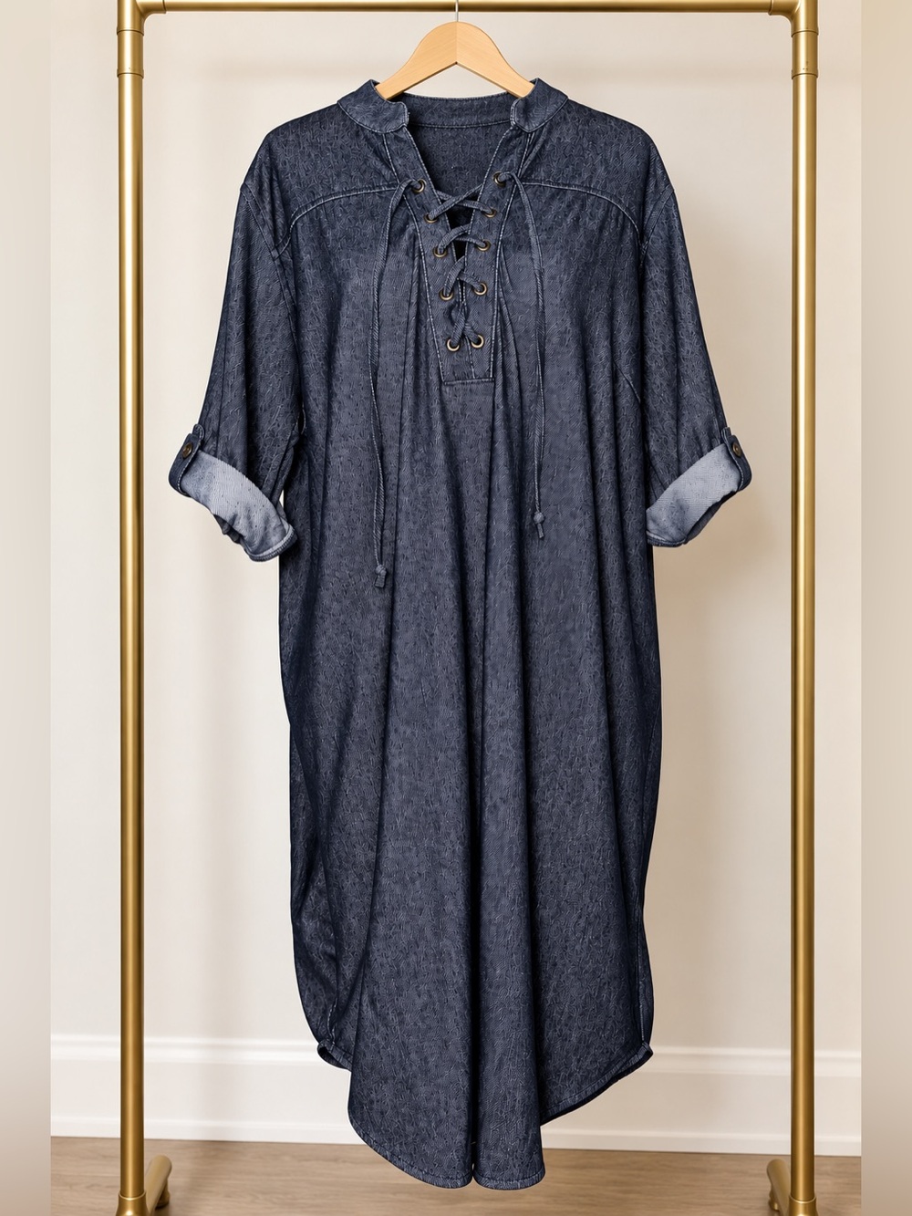 NWT Bobbie Brooks Dark Blue Stretchy Denim Looking Lace-Up Dress